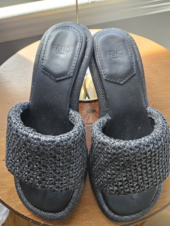 Fendi Shoes - Fendi FF Hardware Raffia Slide Sandals Size 37 Black